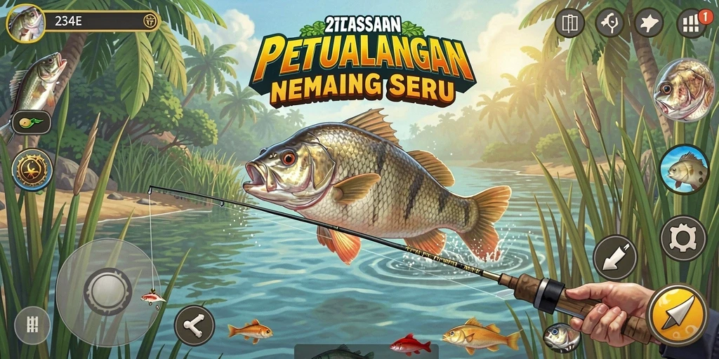 Screenshot utama dari permainan 234E menampilkan pemain yang memancing di danau yang indah.