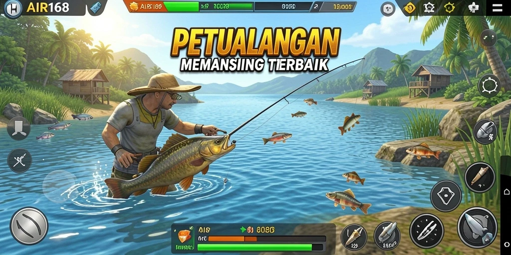 Screenshot utama AIR168 menunjukkan pemain menangkap ikan dalam suasana alam yang menawan.