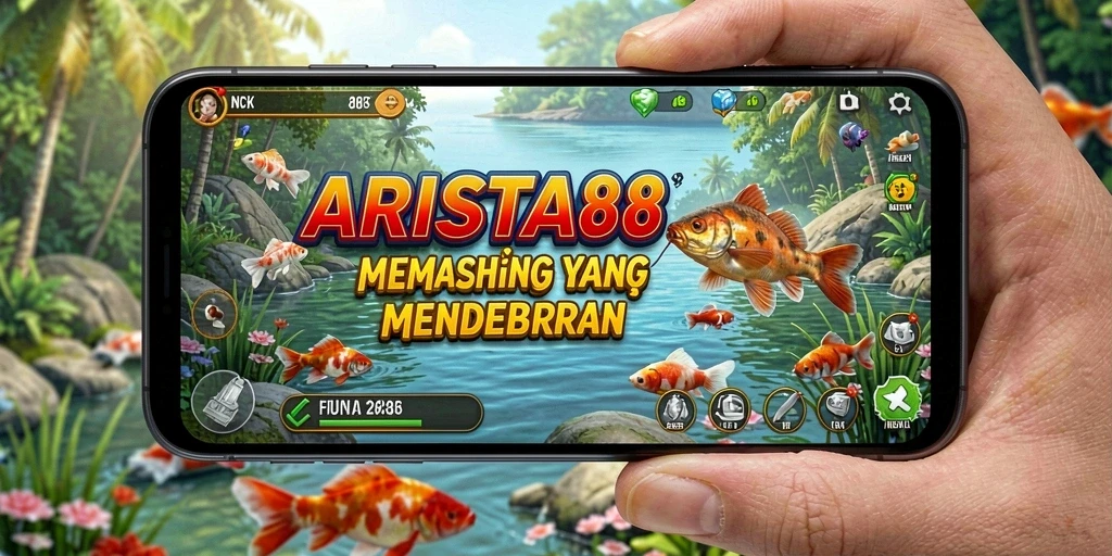 Tampilan gameplay ARISTA88 menunjukkan kebahagiaan saat menangkap ikan.