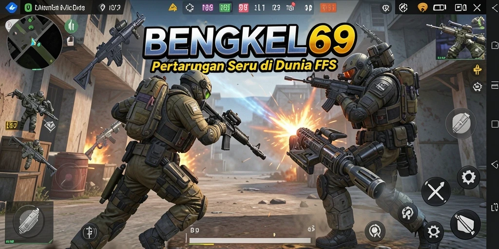 Screenshot BENGKEL69 menunjukkan aksi tembak-menembak intens dalam mode FPS.