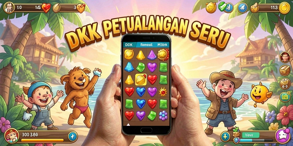 Screenshot gameplay DKK menampilkan momen mencocokkan batu permata.