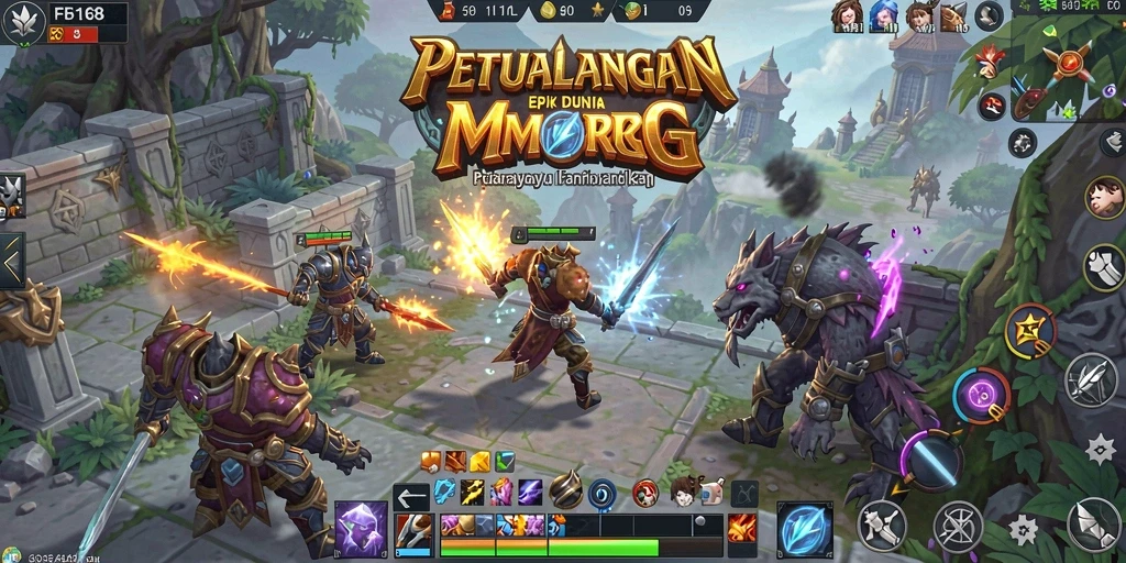 Tangkapan layar utama FB168 menampilkan pertarungan epik dalam dunia MMORPG.