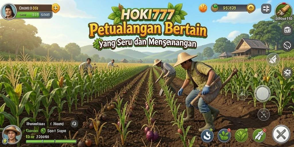 Screenshot gameplay HOKI777 menampilkan lahan pertanian yang subur dan aktivitas bertani.