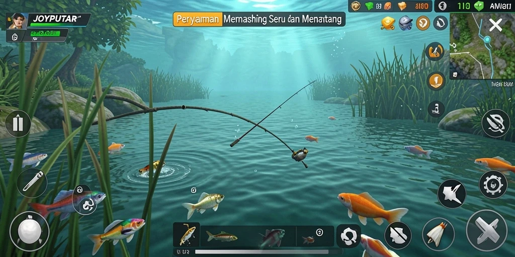 Screenshot utama <strong>JOYPUTAR</strong> menampilkan aksi seru dalam memancing ikan.