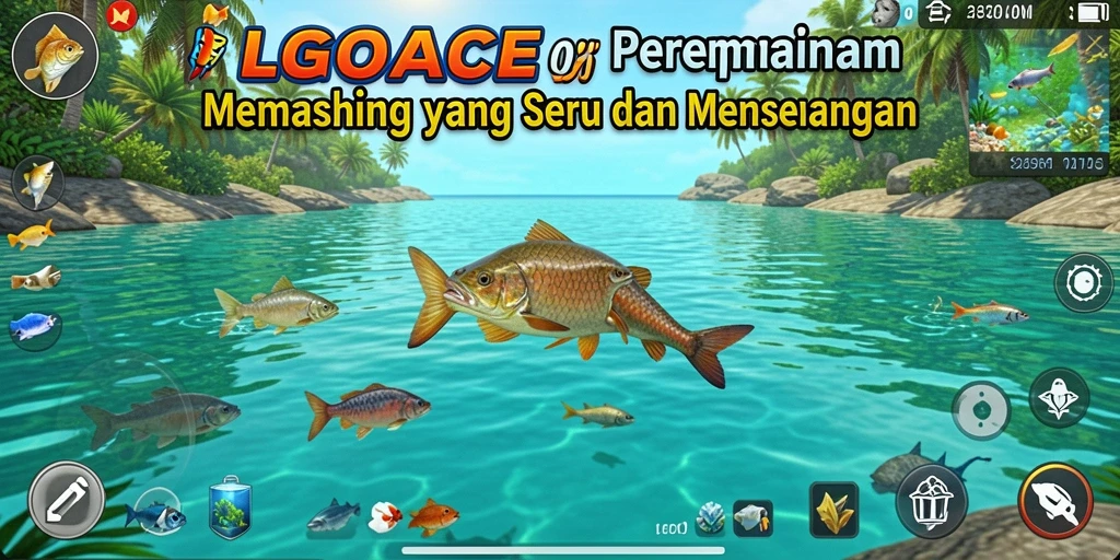 Tampilan gameplay LGOACE saat memancing di danau yang tenang.