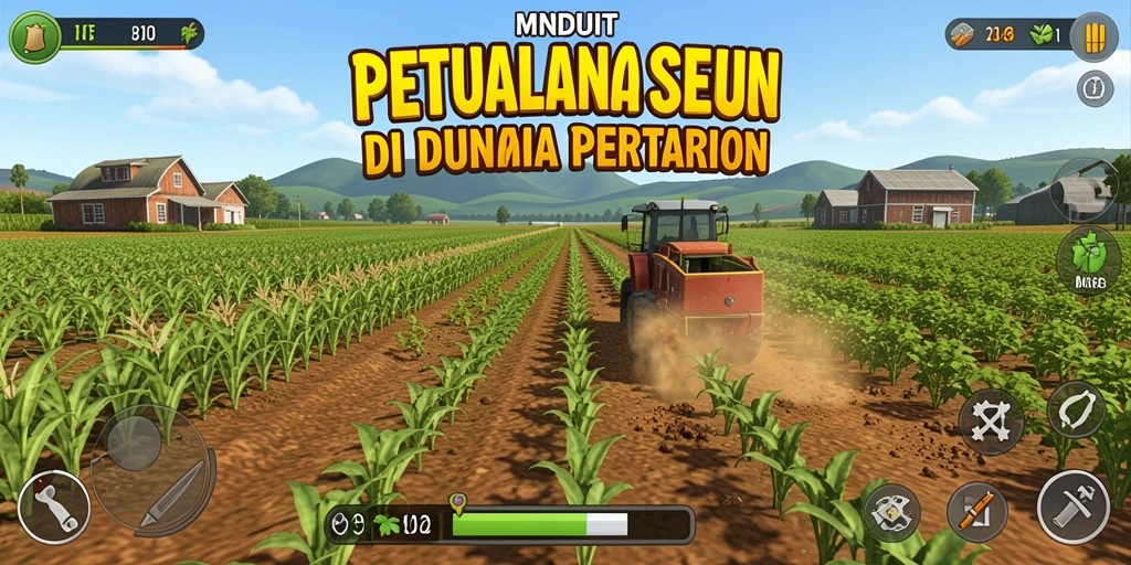 Screenshot gameplay MNDUIT menampilkan suasana pertanian yang indah.