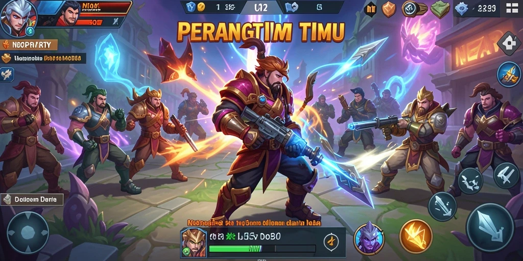 Screenshot gameplay NEOPARTY yang menunjukkan pertarungan tim yang intens.