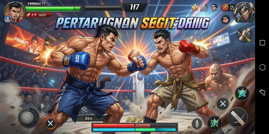 Screenshot utama PRIMA77 menampilkan pertarungan seru dengan karakter yang beraksi.