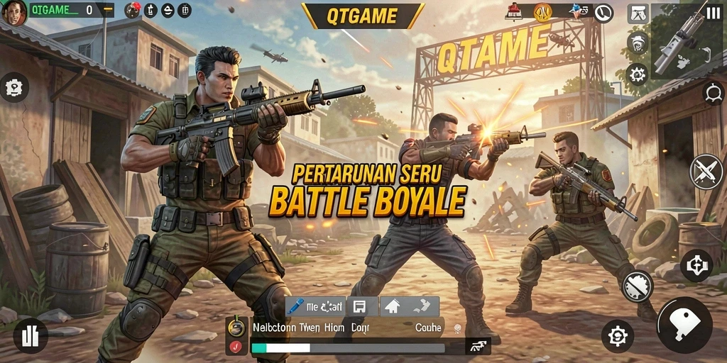 Tangkapan layar QTGAME menunjukkan aksi pertarungan yang mendebarkan di Battle Royale.