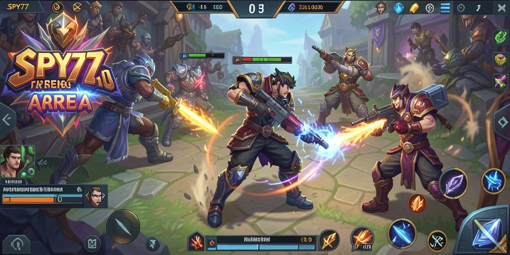Screenshot action gameplay SPY77 menampilkan pertempuran seru di arena.