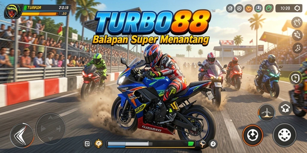 Screenshot gameplay TURBO88 menampilkan aksi balapan motor yang seru.
